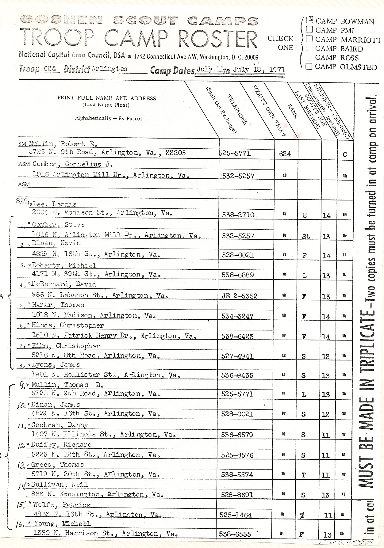 1971 Camp Roster